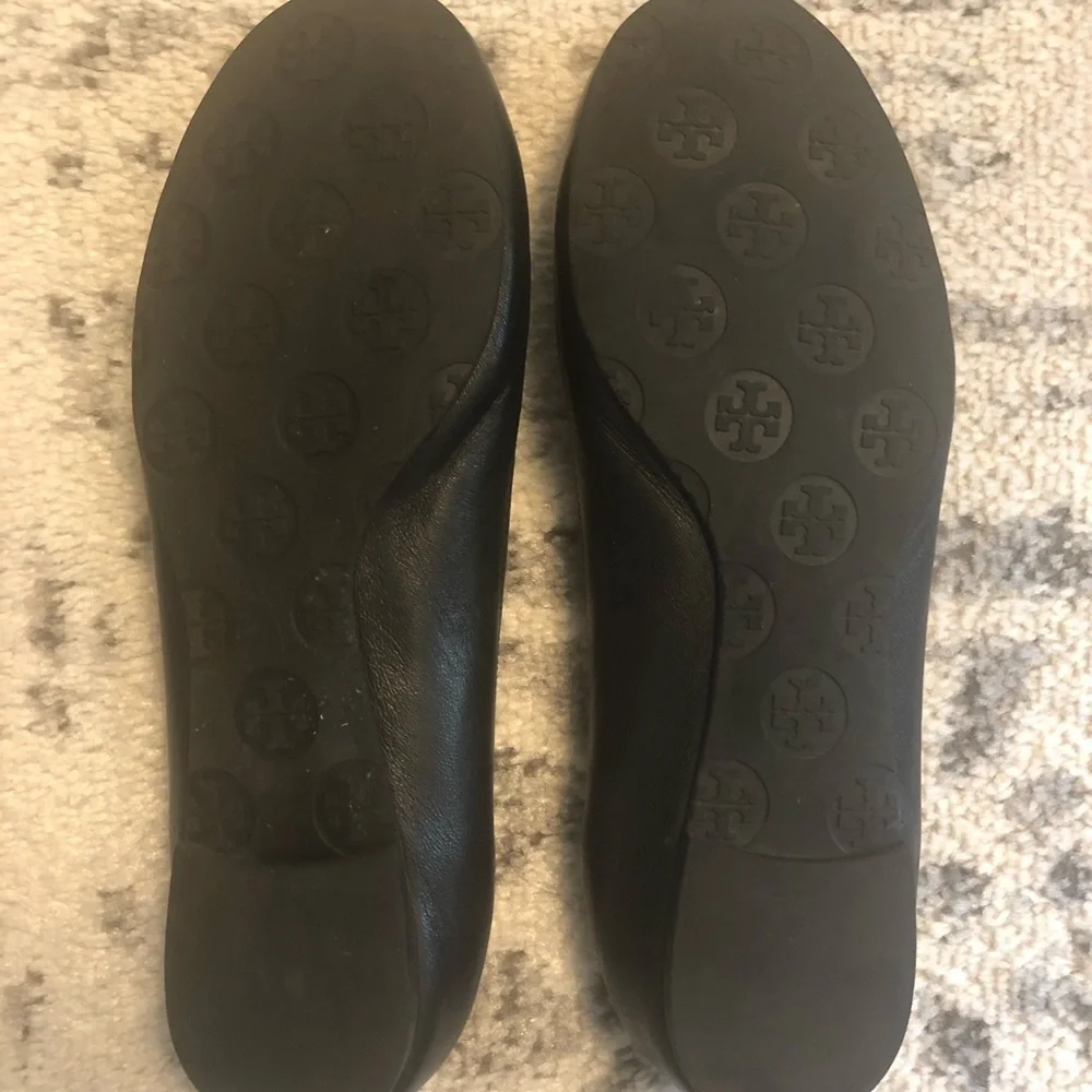 Tory Burch Black Leather Logo Ballet Flats with Gold Medallions